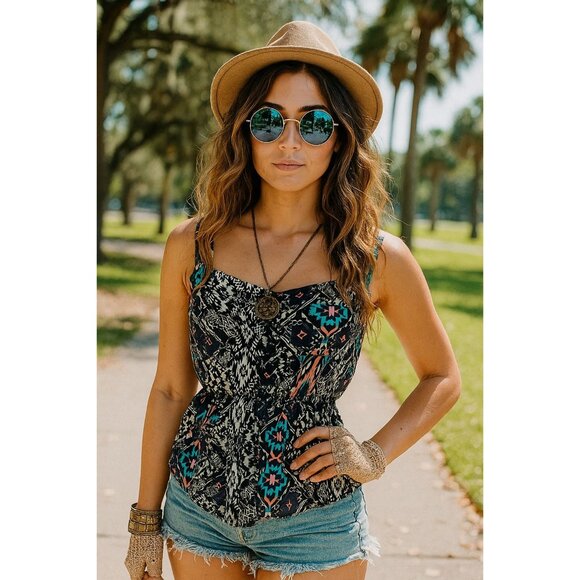 Pink Rose Sm Aztec Sleeveless Cami Blouse Button Chest Elastic Waist Peplum Top - Picture 8 of 9